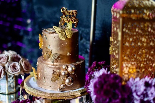 Gold cake on purple and gold elements by Dacres Decor Design